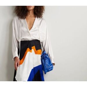 Loewe Anagram Ivory White Satin Blouse Embroidered Pocket Oversized Small